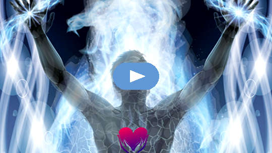male figure with hands upraised with light pouring forth and radiant heart on chest