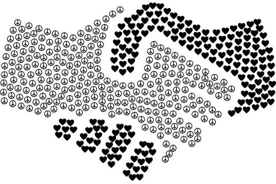 a drawing of two joined hands - one consisting of peace symbols, the other of hearts