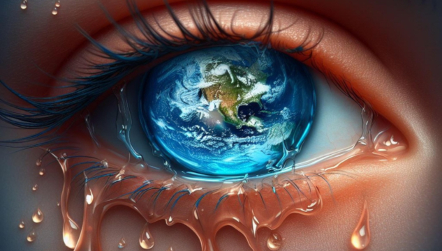 Image by Marie from Pixabay. Just Add Love: A Recipe for Life, Love, and Happiness a picture of an eye, crying, with planet earth as the iris.