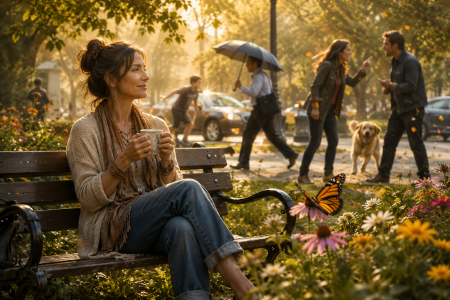woman in a busy park calmly enjoying her cup of coffee