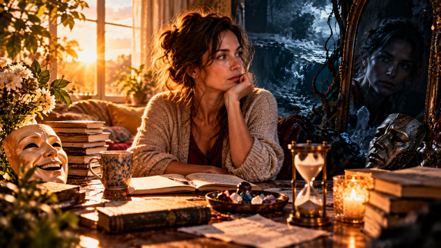 woman open book looking into the distance